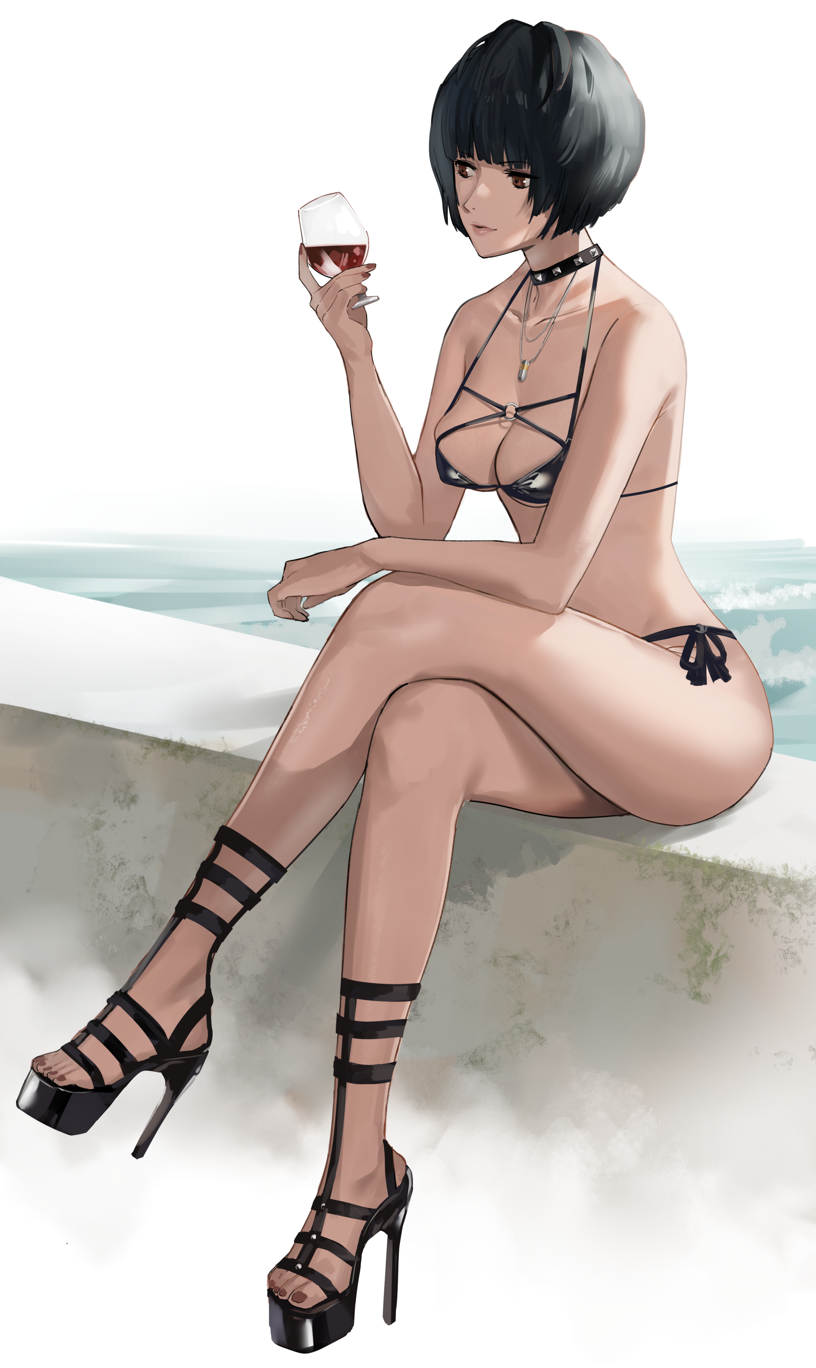 1girls, atlus, beach, blue hair, breasts, choker, female, fingernails, high heels, j@ck, mature, mature female, megami tensei, nail polish, necklace, open toe shoes, painted toenails, persona, persona 5, red nail polish, red nails, red toenail polish, red toenails, sitting, swimsuit, tae takemi, toenail polish, toenails, white background, wine