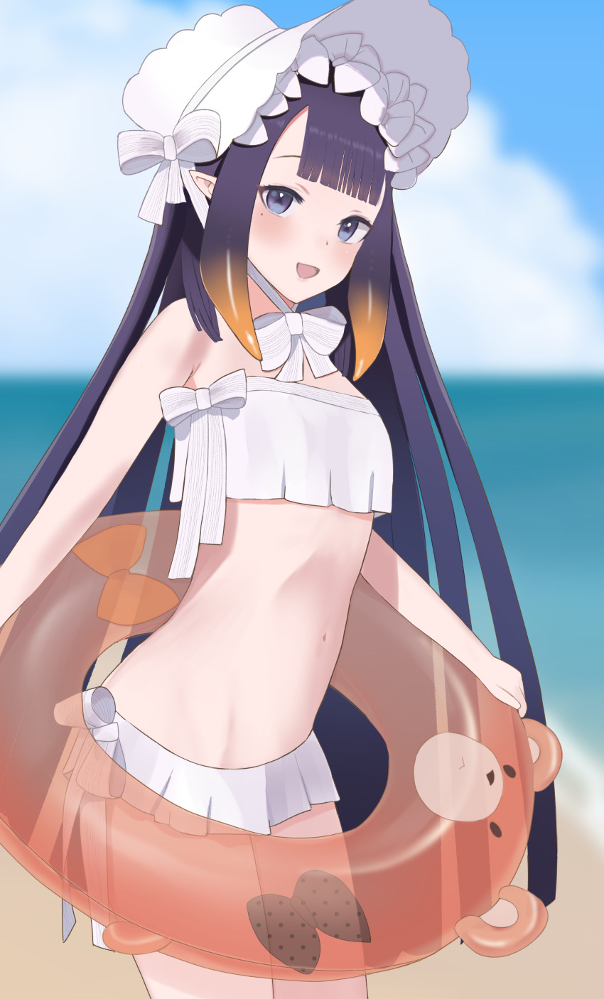 1girls beach beach_hat belly_button bikini blue_eyes blush blushing_at_viewer female female_focus female_only floatie hat highres hololive hololive_english hololive_myth light-skinned_female light_skin long_hair me0i mole mole_under_eye multicolored_hair ninomae_ina'nis orange_hair pale-skinned_female pale_skin pointy_ears purple_hair ribbon smile smiling smiling_at_viewer swimsuit thick_thighs very_high_resolution very_long_hair virtual_youtuber white_bikini white_swimsuit