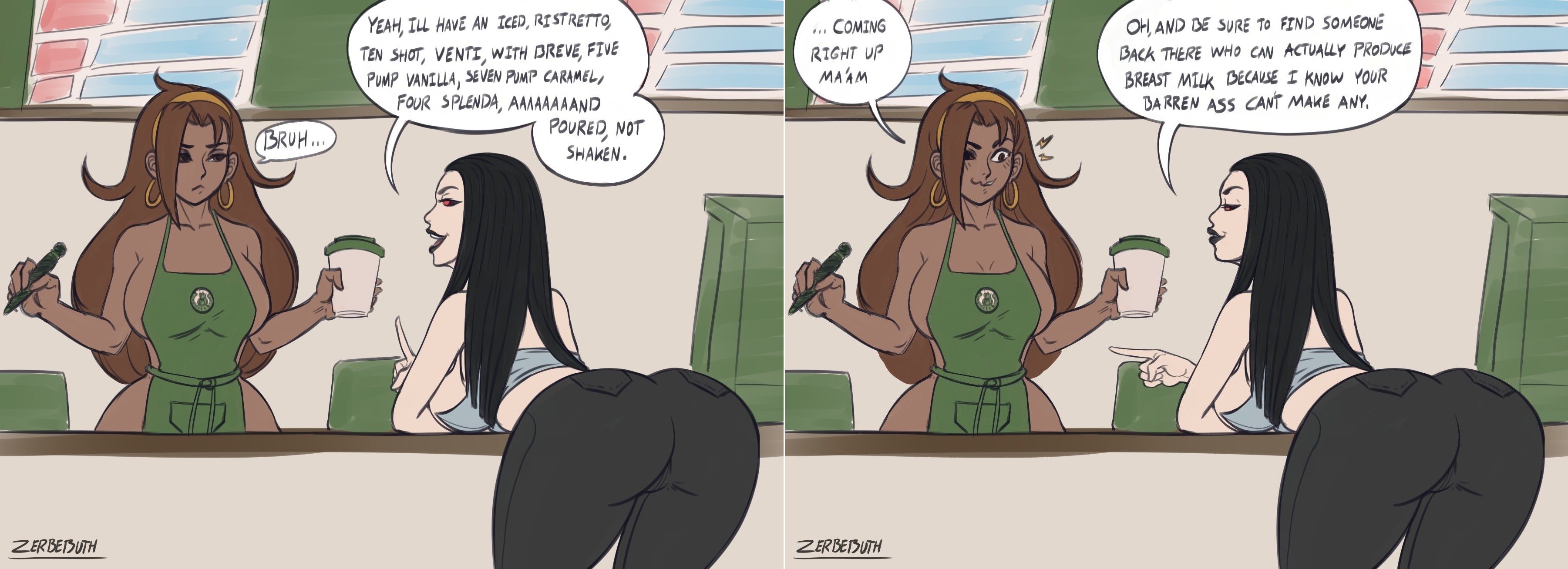borrowed character, breasts, crossover, dialogue, english text, female, goth, iced latte with breast milk, johnni rock, meme, naked apron, original, original character, red eyes, speech bubble, starbucks, tsona (nyantcha), zerbebuth