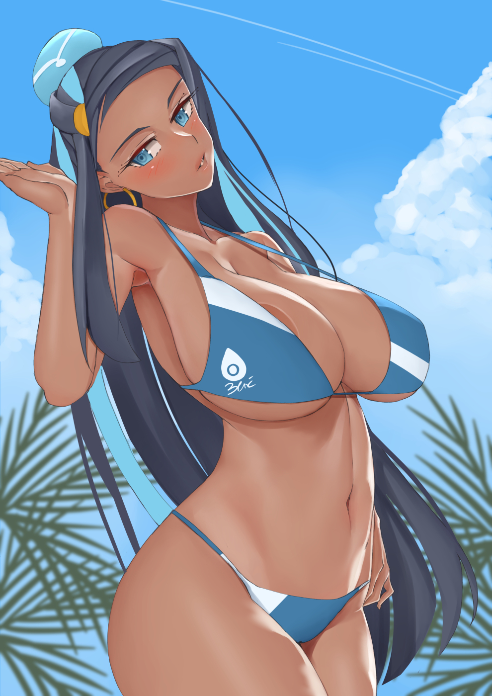1girls, alternate breast size, alternate version available, beach, big breasts, bikini, blue eyes, breasts, female, game freak, hi res, highres, huge breasts, large breasts, nessa (pokemon), nintendo, nipples, pokemon, pokemon ss, smile, solo, swimsuit, taiko3000cc