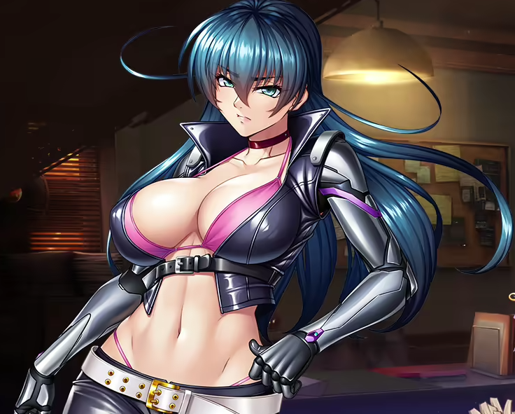 1girls abdomen belt blue_hair bra choker cleavage clothing female female_only fit fit_female game_cg igawa_asagi igawa_asagi_(clone) kagami_hirotaka kunoichi leather leather_jacket leather_pants midriff pink_bra revealing_clothes solo solo_female tagme taimanin_(series) taimanin_asagi taimanin_rpgx thong whale_tail