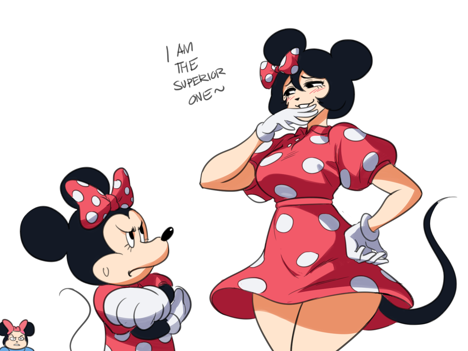 2021, anthro, disney, dress, female, gijinka, gloves, humanization, humanized, milf, milfy mouse (tinafate1), minnie mouse, momi mouse, mouse, mouse ears, ojou-sama pose, polka dot, public domain, ribbon, short hair, smug, smug face, sr pelo, tagme, tail, thighs, tinafate1, white background, white gloves