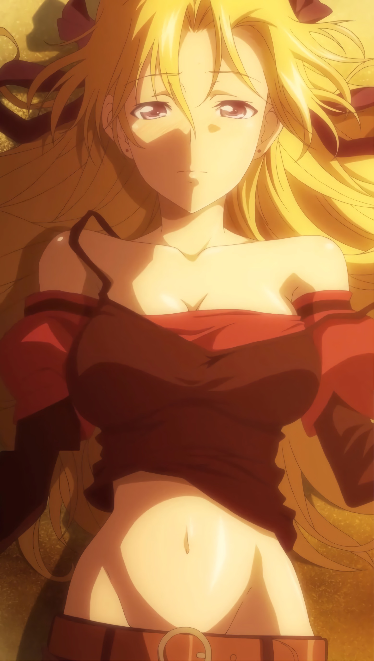 1girls, beach, belt, big breasts, blonde hair, blue eyes, blush, breasts, busty, campione!, child bearing hips, cleavage, erica blandelli, female, female only, hair ribbon, highres, hips, large breasts, long hair, looking at viewer, lying, midriff, navel, no bra, pants, ribbon, screencap, sensual, sexy, shirt, sleeveless, sleeveless shirt, smile, solo, stitched, third-party edit, voluptuous