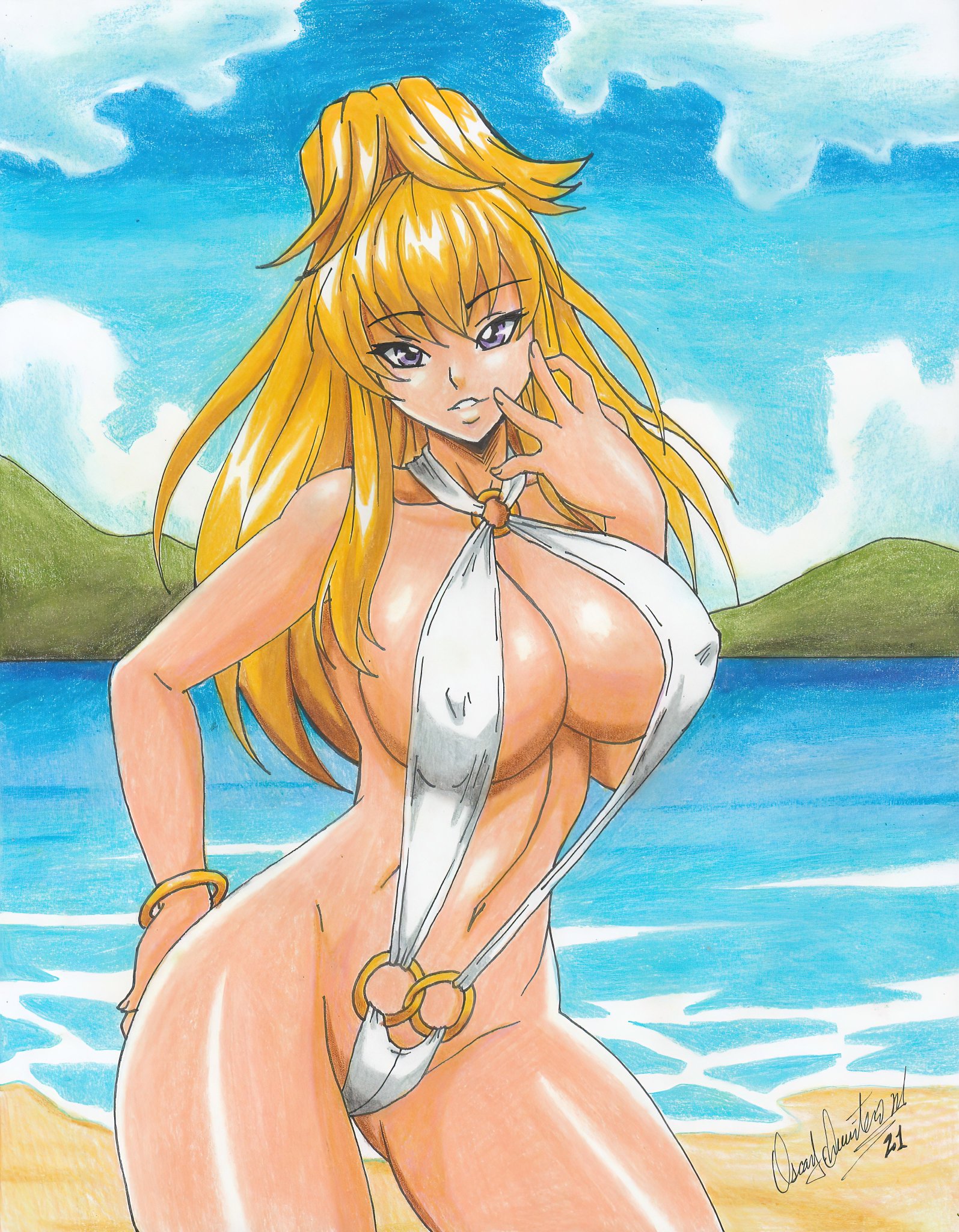1girls, 2021, beach, big breasts, blonde hair, breasts, female, gravion, huge breasts, nipple bulge, pencil (artwork), purple eyes, ravern clouk, sling bikini, solo, solo female, swimsuit, tachibana mizuki, tagme, thick, thick thighs, thighs, thunder thighs