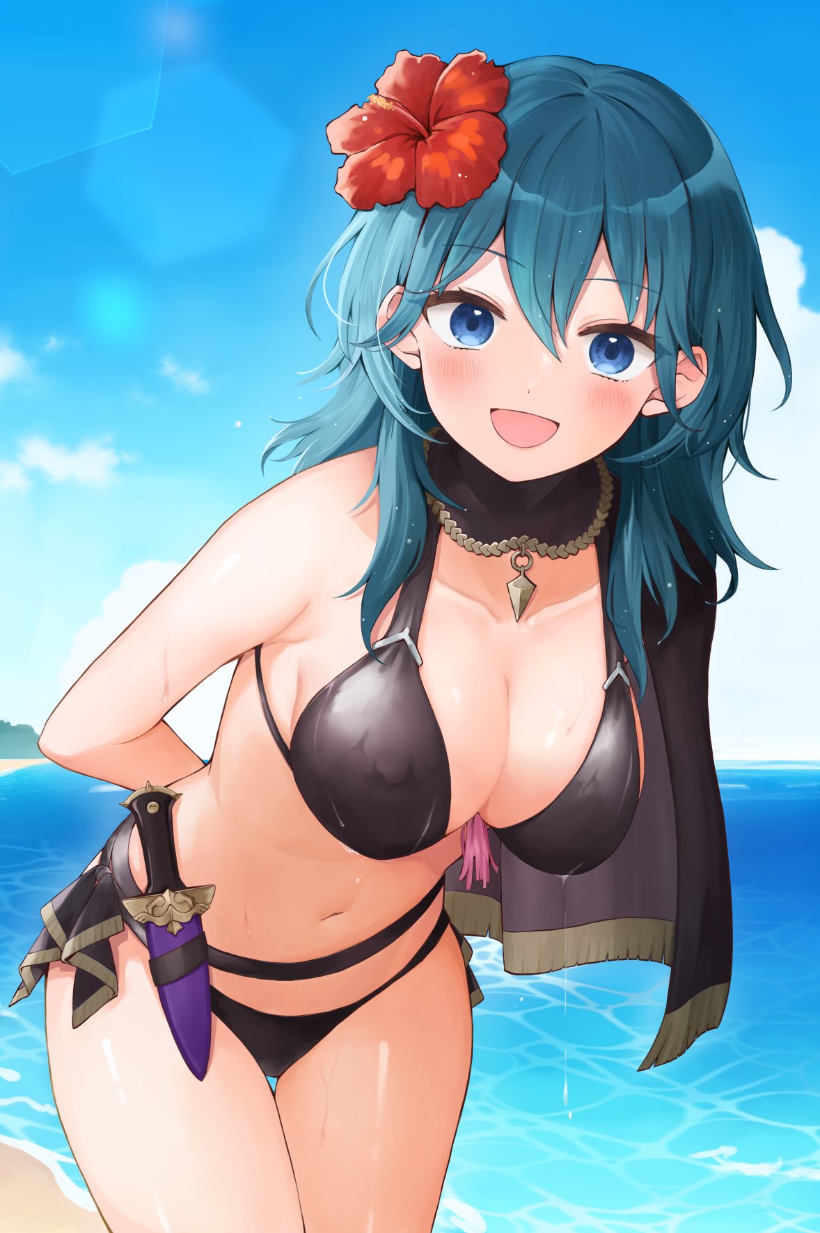 1girls, alternate costume, beach, bikini, black bikini, black swimsuit, blue eyes, breasts, byleth (fire emblem), byleth (fire emblem) (female), cape, cleavage, female, fire emblem, fire emblem heroes, fire emblem: three houses, flower, hair between eyes, hair flower, happy female, hibiscus, knife, large breasts, leaning forward, looking at viewer, medium hair, myk55kym, nintendo, ocean, official alternate costume, open mouth, red flower, sand, seaside, smile, solo, swimsuit, teal hair, water, wet
