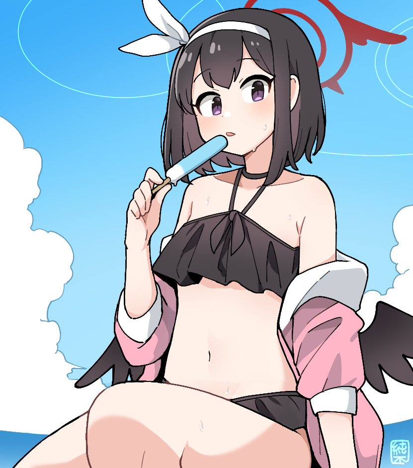 bikini black_bikini black_hair black_wings blue_archive blue_sky cloud collarbone day female flat_chest food hairband halo junsuina_fujunbutsu justice_task_force_(blue_archive) looking_at_viewer mashiro_(blue_archive) mashiro_(swimsuit)_(blue_archive) navel official_alternate_costume outdoors popsicle purple_eyes short_hair signature sky solo swimsuit trinity_general_school_student white_hairband wings