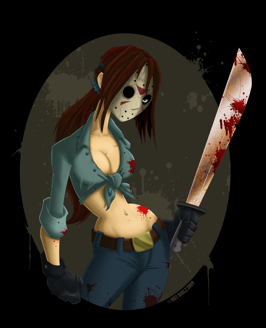 beige_skin blood blood_stain bloody_clothes bloody_sword breasts brown_hair cleavage clothes color female female_only friday_the_13th front_view gloves hair hockey_mask holding_sword human jason_voorhees long_hair mask overhand_grip red_blood round_ears rule_63 solo stained_clothes standing sword weapon