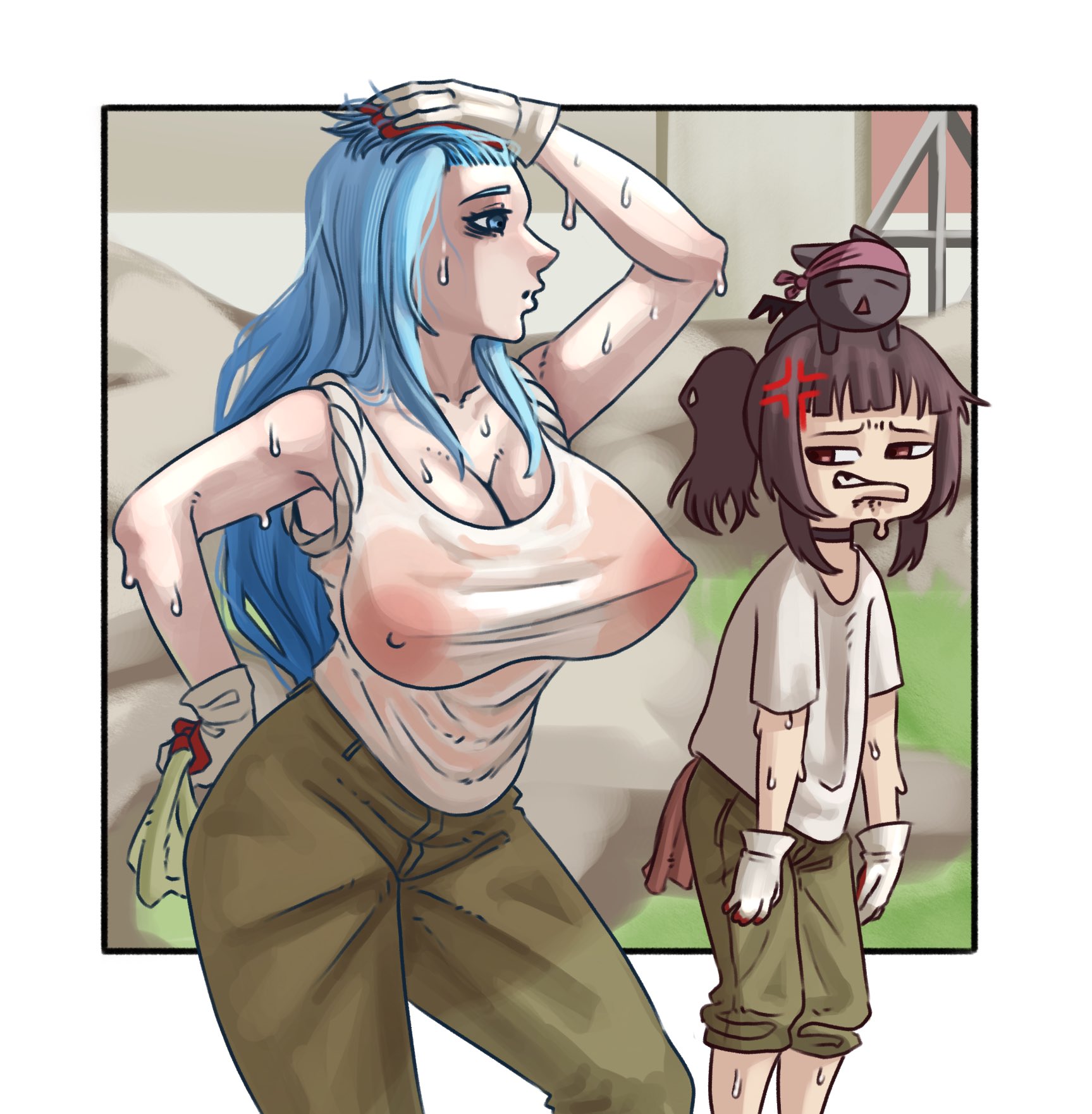 2girls, aqua (konosuba), blue hair, breast envy, breasts, brown hair, female, female only, incinerated art, kono subarashii sekai ni shukufuku wo!, long hair, megumin, multiple females, multiple girls, nipple bulge, nipples, nipples visible through clothing, sweat, sweatdrop, wet clothes