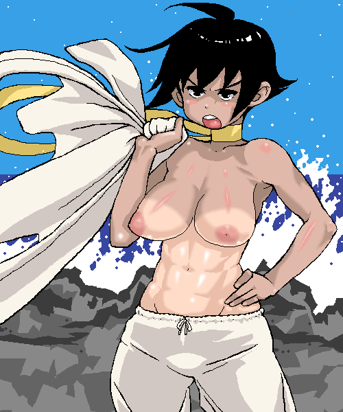 1girls abs areolae black_eyes black_hair blush breasts casual clothing female female_only human large_breasts makoto_(street_fighter) navel nipples open_mouth outdoors pale_skin short_hair solo sorashu standing straight_hair street_fighter street_fighter_iii street_fighter_iii:_3rd_strike teeth tomboy topless water