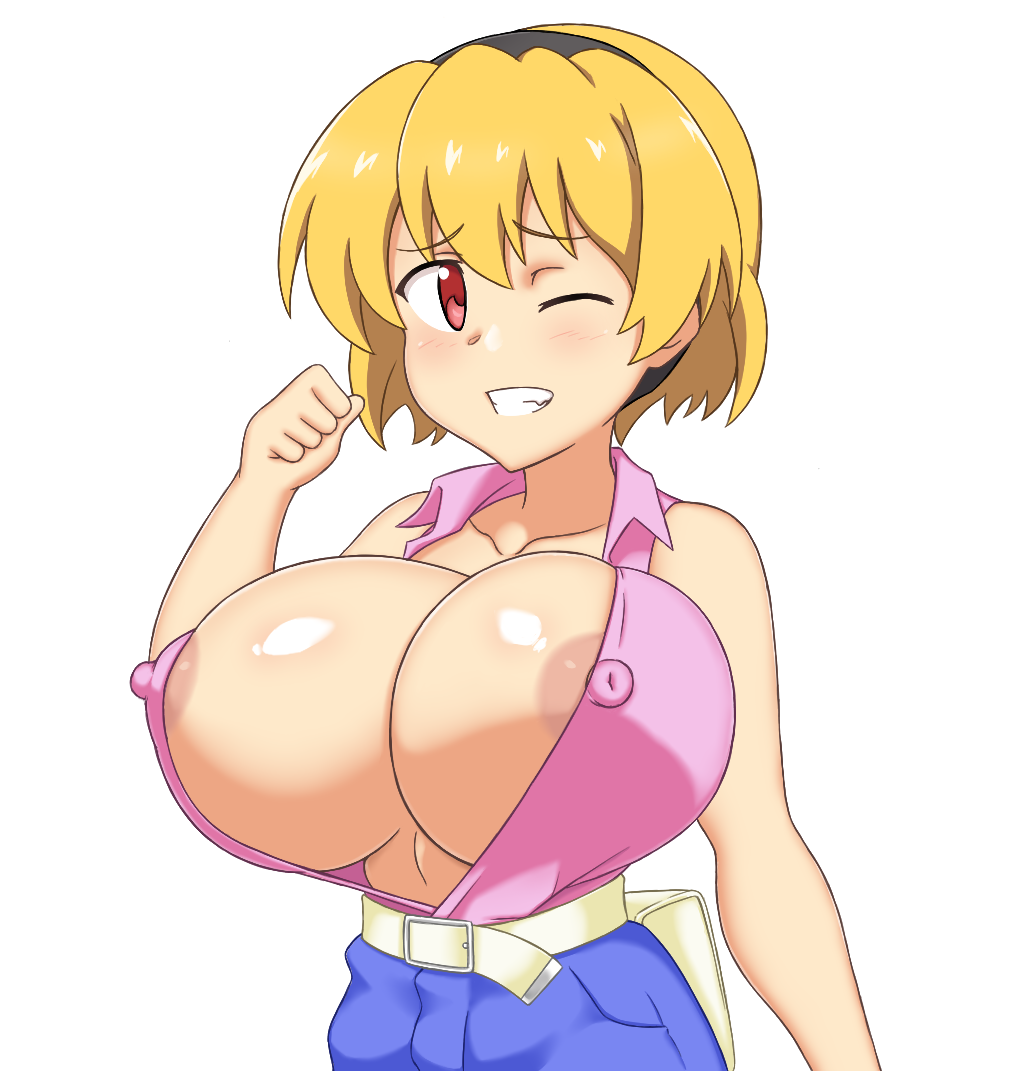 07th_expansion 1girls 5_fingers abridged-satoko areolae bare_shoulders big_breasts blonde_hair breasts bursting_breasts busty cleavage clenched_teeth female female_only higurashi_no_naku_koro_ni houjou_satoko huge_breasts human human_only humanoid large_breasts looking_at_viewer nipples one_eye_closed red_eyes short_hair shorts simple_background smile smiling smiling_at_viewer sole_female solo solo_female teeth top_heavy white_background wink