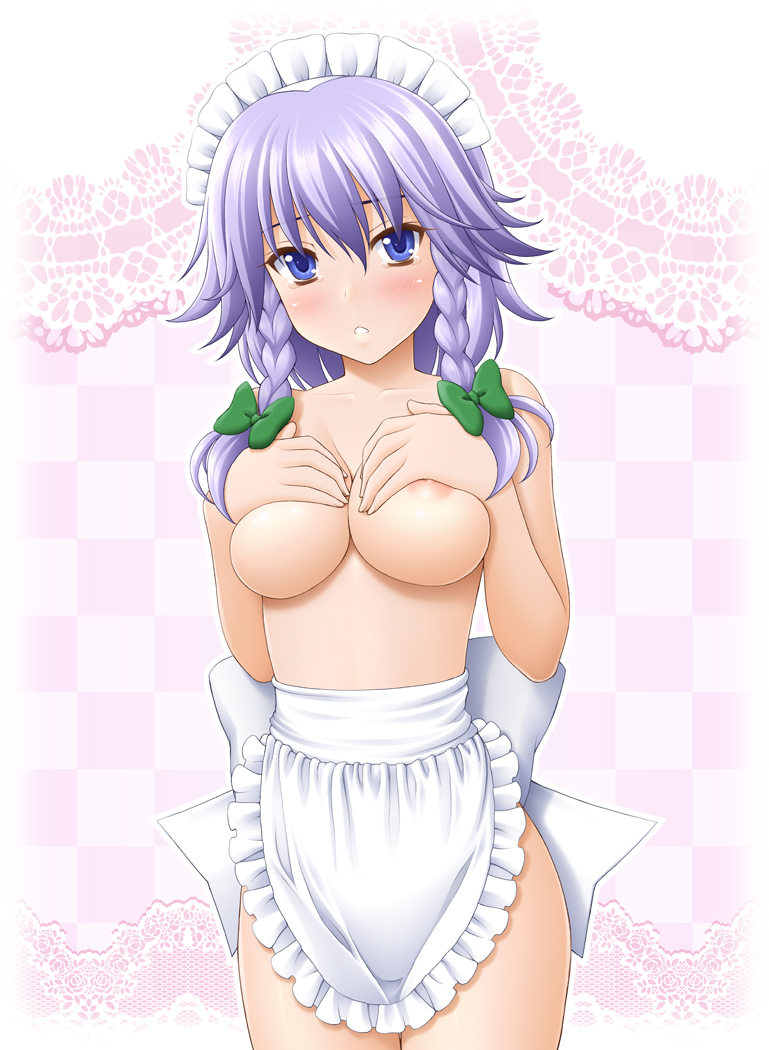 blue_eyes blush braid breasts covering covering_breasts maid_headdress naked_apron nipples sakuya_izayoi short_hair silver_hair sin-go touhou twin_braids