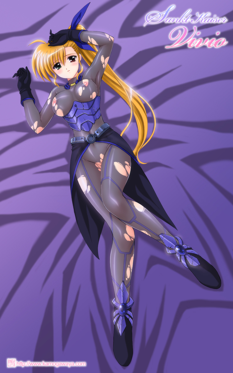 bed blonde_hair blush bodysuit breasts color gloves heterochromia highres kamogawa_tanuki kamogawaya long_hair lying lyrical_nanoha mahou_shoujo_lyrical_nanoha mahou_shoujo_lyrical_nanoha_strikers nipples side_ponytail torn_clothes vivio