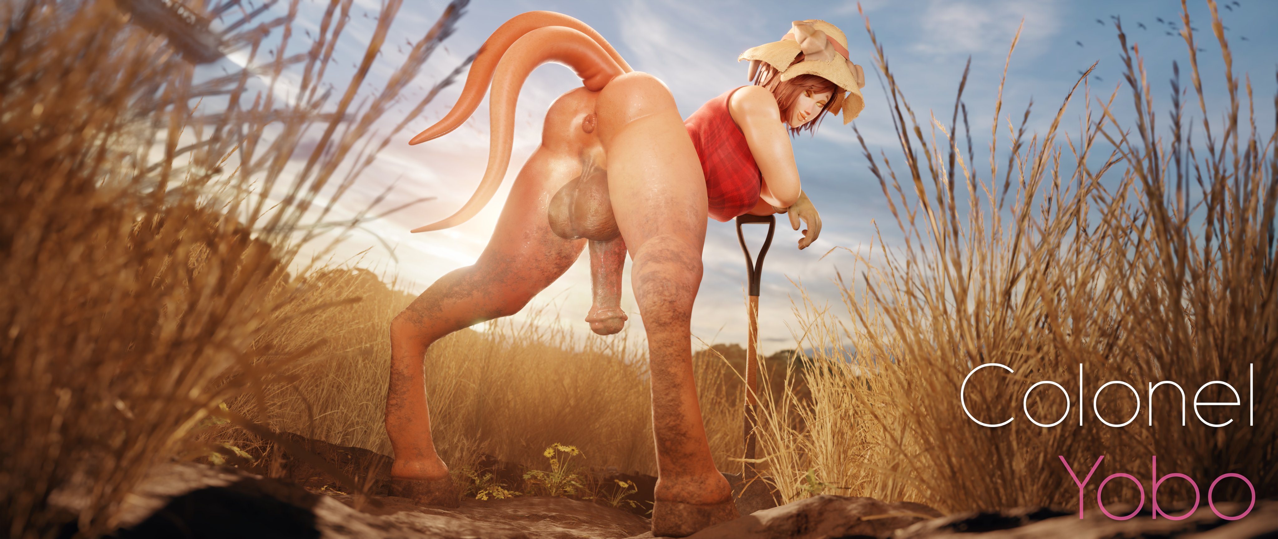 1futa, 2 tails, 3d, animal genitalia, animal genitalia on humanoid, anus, ass, backsack, bailey (colonelyobo), balls, ballsack, big penis, blender, bottomless, breasts, colonelyobo, erection, futa only, futa sans pussy, futanari, horsecock, horsecock on humanoid, intersex, looking at viewer, multi tail, musk, penis, perineum, smell, solo, taint, testicles, thick thighs, wheat, wheat field, world of warcraft
