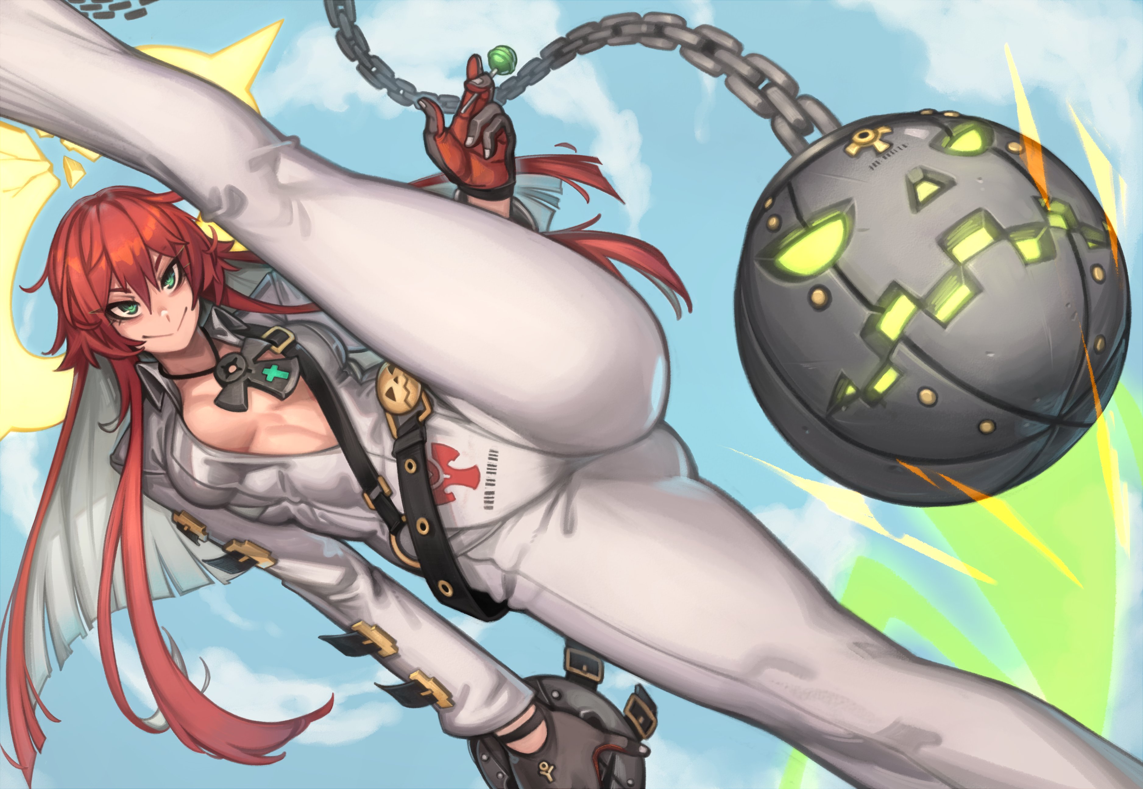 1girls, cleavage, clothed, female, gloves, green eyes, guilty gear, jack-o' valentine, jack-o'-lantern, kelvin hiu, legs up, lifting, lifting leg, light skin, light-skinned female, long hair, multicolored hair, necklace, pose, posing, red gloves, red hair, solo, solo female, weapon, white clothing