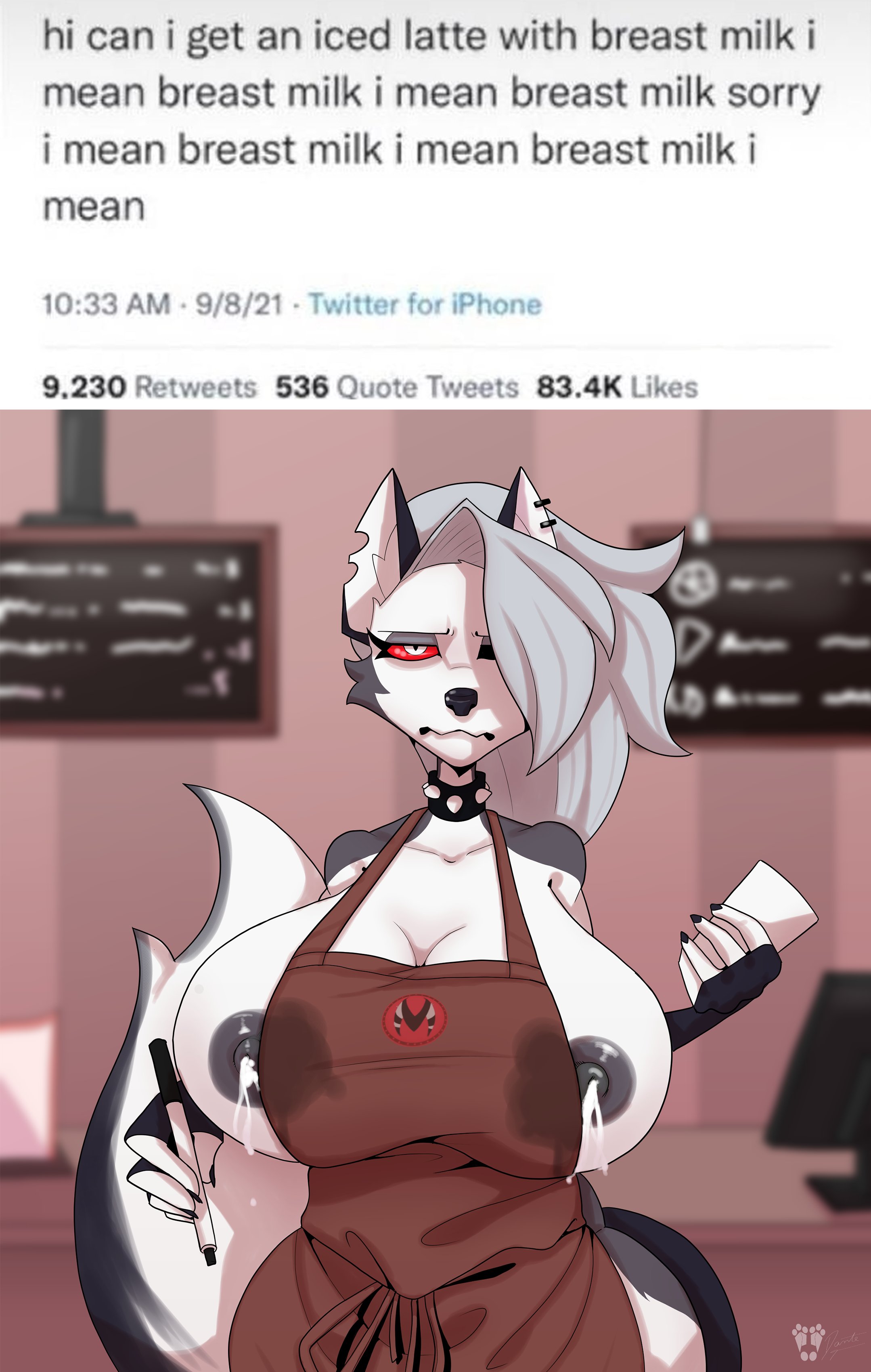 apron, apron only, breasts, busty, coffee, coffee cup, female, female focus, female only, furry, helluva boss, hourglass figure, iced latte with breast milk, itsdantebun, lactation, loona (helluva boss), meme, standing, tagme, waitress, waitress uniform, wide hips