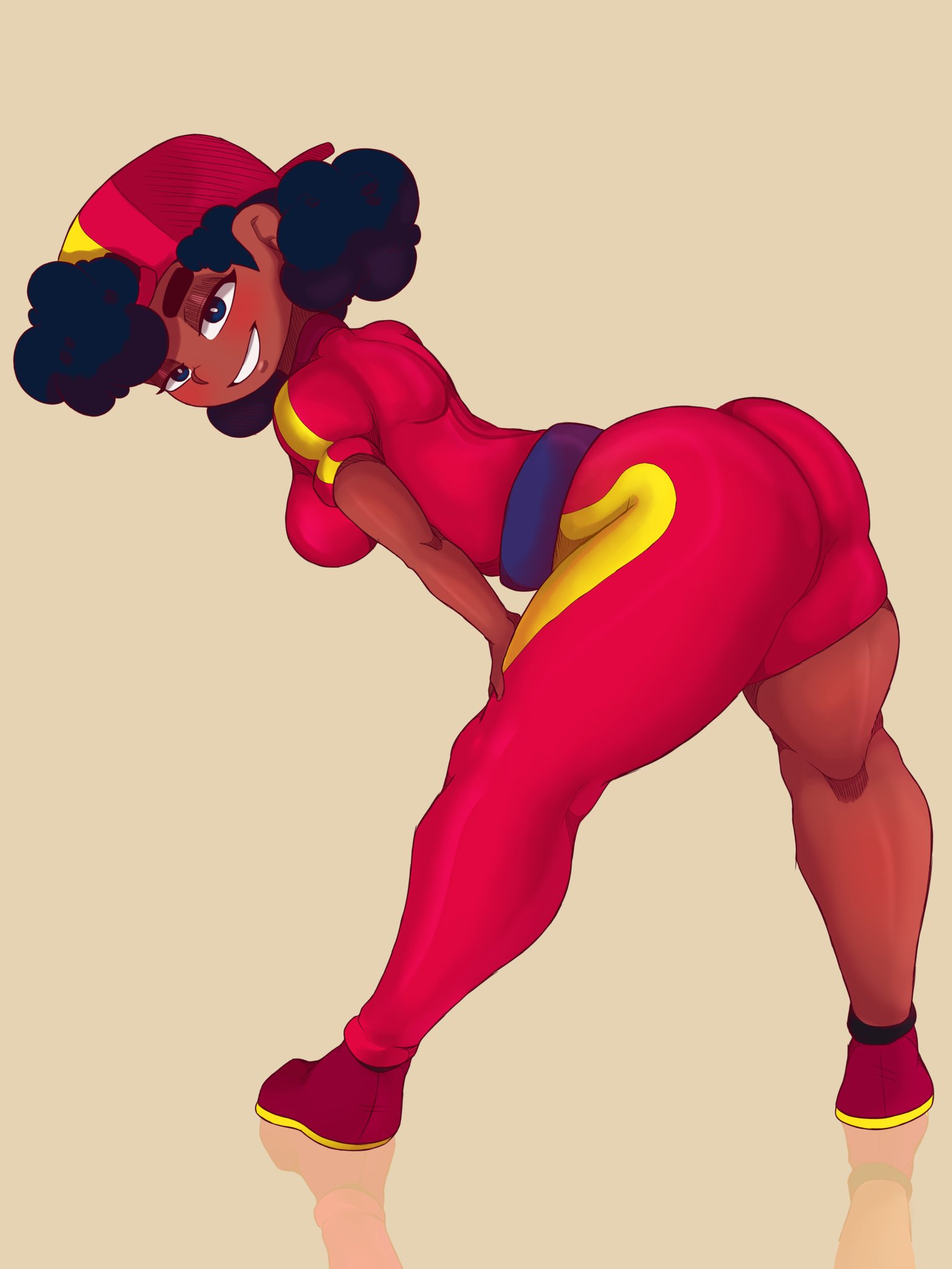 1girls, backwards baseball cap, baseball cap, bent forward, brawl stars, clothed, clothing, curly hair, dark skin, dark-skinned female, female, female only, jacksito (artist), looking at viewer, looking back, meg (brawl stars), solo, solo female, tagme