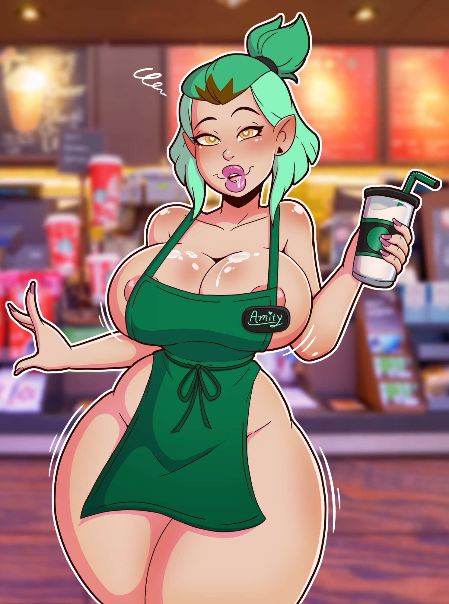 1girls, aged up, amity blight, barista, bimbo, bimbofication, breasts, disney, disney channel, female, female only, green hair, heart-shaped pupils, huge breasts, iced latte with breast milk, light skin, light-skinned female, looking at viewer, meme, ponytail, solo, solo female, straight hair, the owl house, thick thighs, wide hips, wrenzephyr2