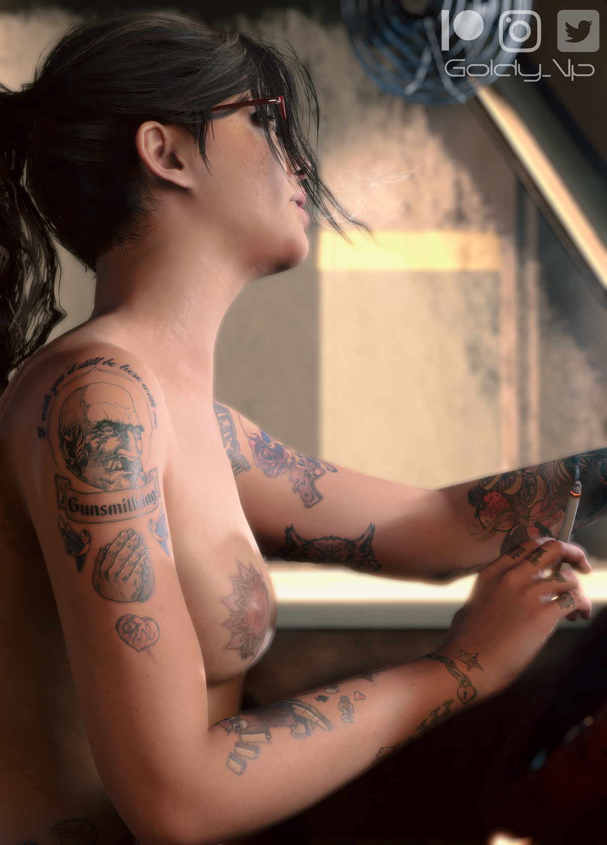 1girls, 3d, alternate hairstyle, breasts, brown eyes, brown hair, capcom, car, cigarette, devil may cry, devil may cry (series), devil may cry 5, driving, european, female, female only, freckles, german, glasses, goldy 3d, nicoletta goldstein, nipples, petite, ponytail, short hair, shorts, smile, smoke, smoking, solo, straight, tattoo, tattooed arm, tattoos