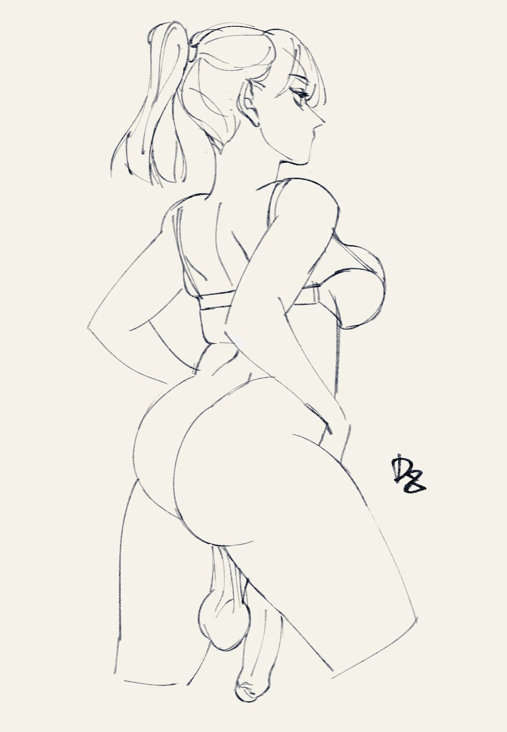 1futa, ass, back, back view, balls, big ass, big breasts, big penis, bottomless, bra, bra only, breasts, clothed, clothing, flaccid, foreskin, futa only, futanari, hiddend8, human, intersex, looking back, monochrome, mostly nude, partially retracted foreskin, penis, ponytail, retracted foreskin, sagging balls, sketch, solo, standing, uncircumcised, uncut