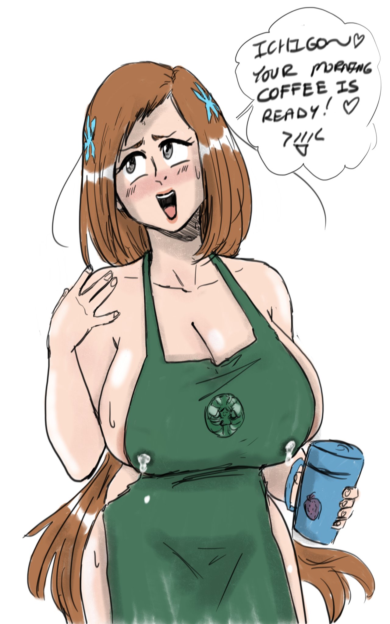 1girls apron apron_only bleach busty hourglass_figure iced_latte_with_breast_milk inoue_orihime meme milf red_hair speech_bubble spookylewdy tagme text waitress waitress_uniform wide_hips