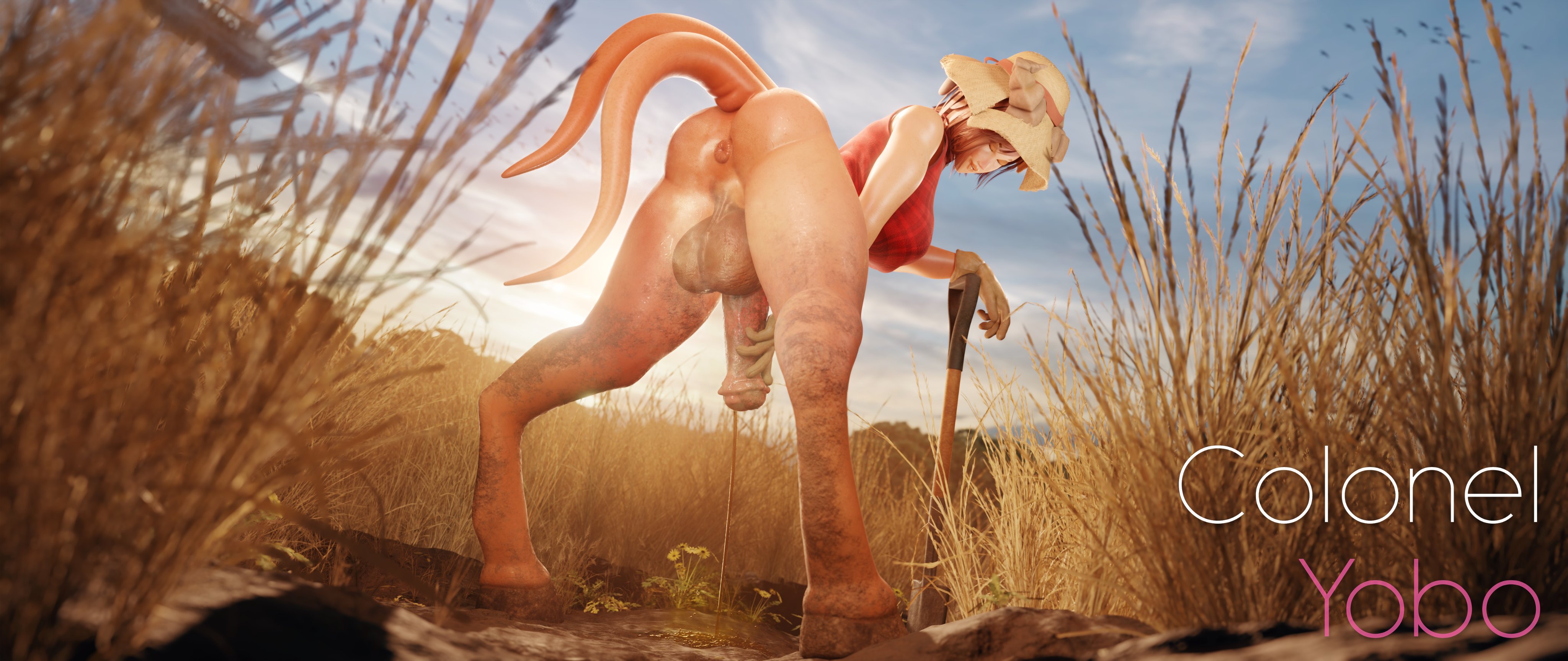 1futa, 2 tails, 3d, animal genitalia, animal genitalia on humanoid, anus, ass, backsack, bailey (colonelyobo), balls, ballsack, big penis, blender, bottomless, breasts, colonelyobo, erection, futa only, futa sans pussy, futanari, horsecock, horsecock on humanoid, intersex, multi tail, musk, peeing, penis, perineum, pissing, smell, solo, taint, testicles, thick thighs, urine, wheat, wheat field, world of warcraft