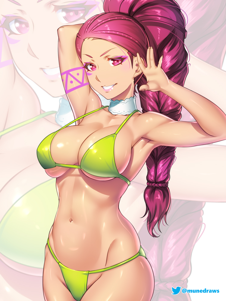 1girls, alternate costume, arm behind head, arms up, artist name, bikini, breasts, choker, cleavage, dark skin, dark-skinned female, etchimune, female, female only, fire emblem, fire emblem: three houses, green bikini, green swimsuit, grin, large breasts, nintendo, petra macneary, ponytail, purple eyes, purple hair, smile, solo, swimsuit, white choker