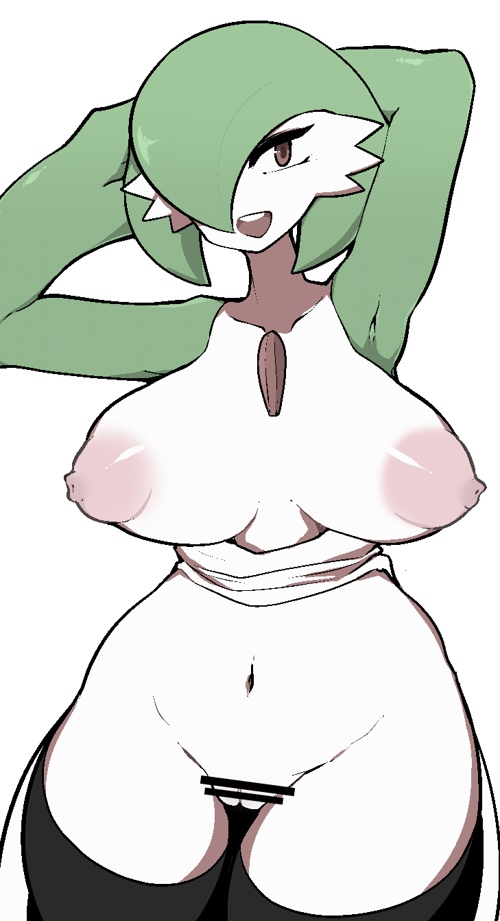 1girls big_breasts breasts censored clothing exposed_breasts female female_gardevoir female_only fufucatu gardevoir genitals hands_behind_head hi_res huge_breasts humanoid legwear looking_at_viewer mostly_nude nintendo not_furry pokémon_(species) pokemon pokemon_(species) pokemon_rse pussy simple_background smile solo stockings video_games white_background