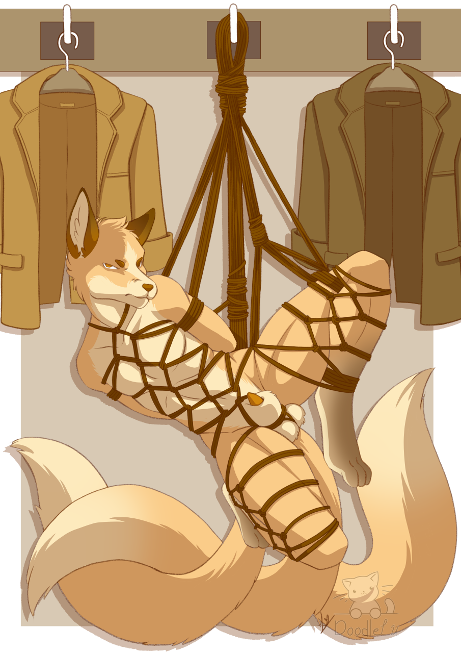 bondage bondage bound canid canine digital_media_(artwork) doodlelu1992 fox hi_res male mammal rope rope_bondage rope_harness xyluc