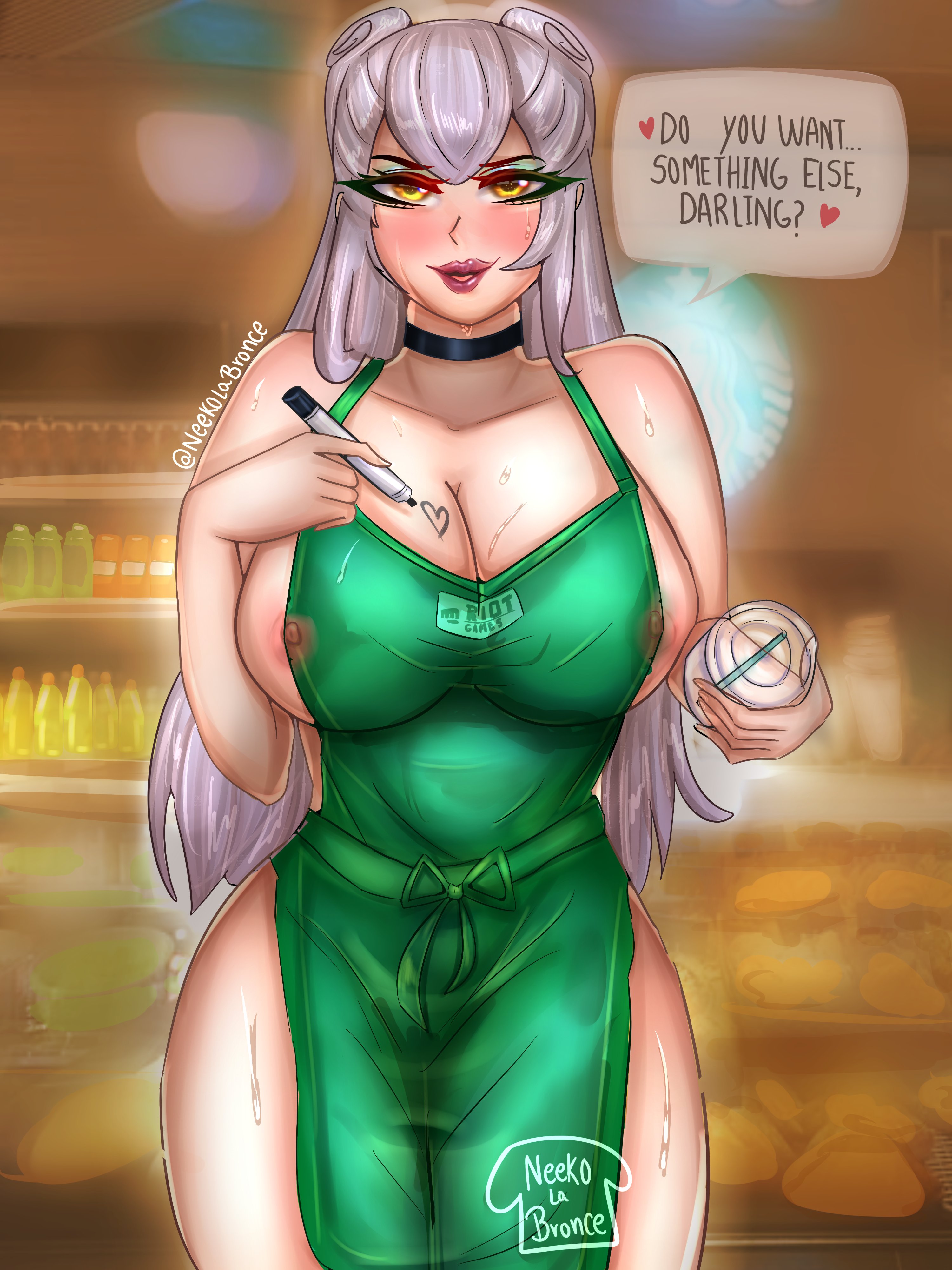 apron, apron only, breasts, evelynn, female, iced latte with breast milk, k/da all out evelynn, k/da all out series, league of legends, meme, neekolabounce, tagme, waitress, waitress uniform