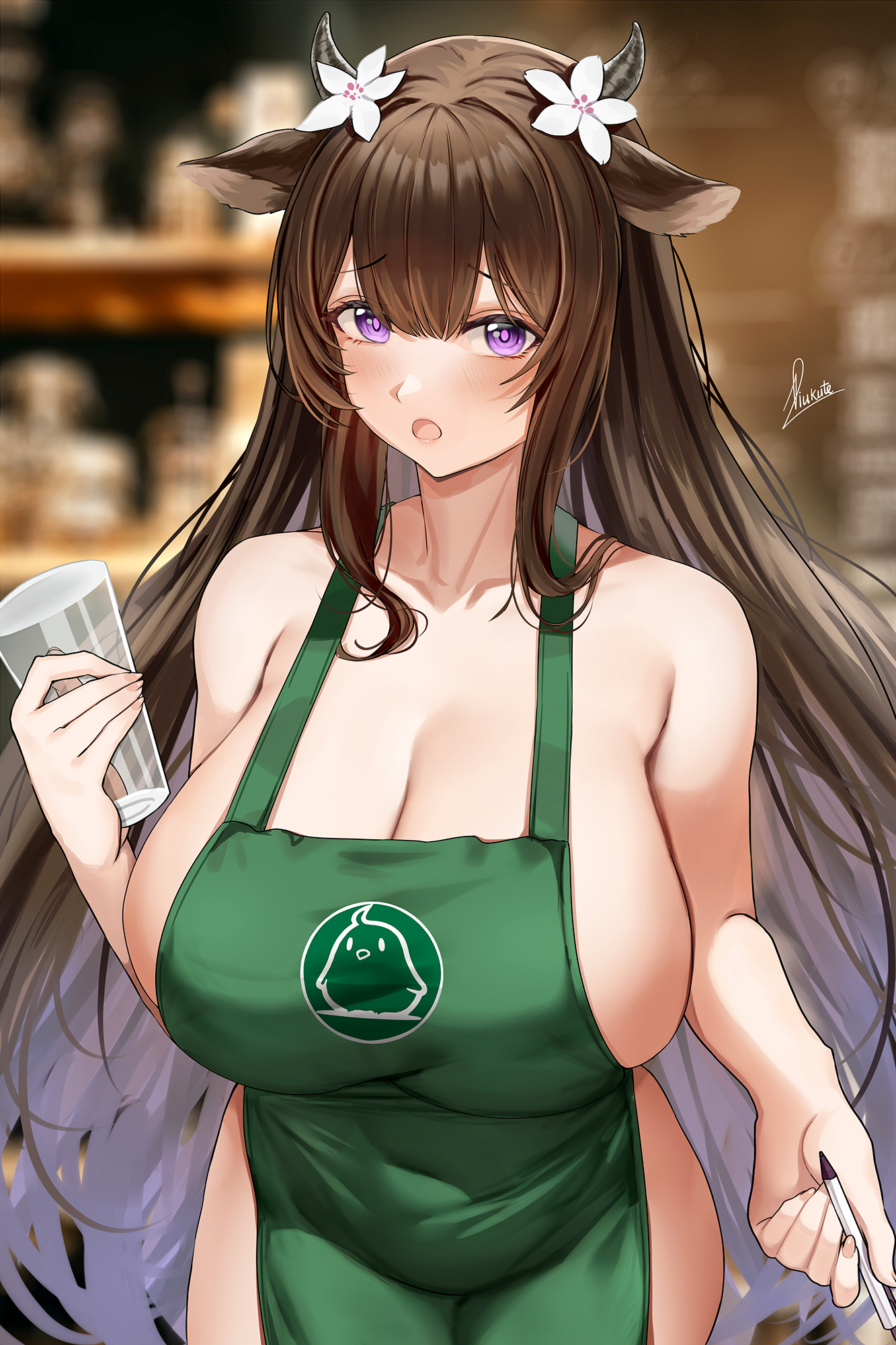 :o, 1girls, alternate costume, animal ears, apron, azur lane, bangs, bare arms, bare shoulders, blurry, blurry background, blush, breasts, brown hair, cleavage, collarbone, covered navel, cow ears, cow horns, cowboy shot, cup, depth of field, drinking glass, eyebrows visible through hair, female, flower, green apron, hair flower, hair ornament, highres, holding, holding cup, holding pen, horns, huge breasts, iced latte with breast milk, indoors, kashino (azur lane), long hair, looking at viewer, manjuu (azur lane), meme, naked apron, open mouth, pen, piukute062, public nudity, purple eyes, signature, solo, very long hair, white flower