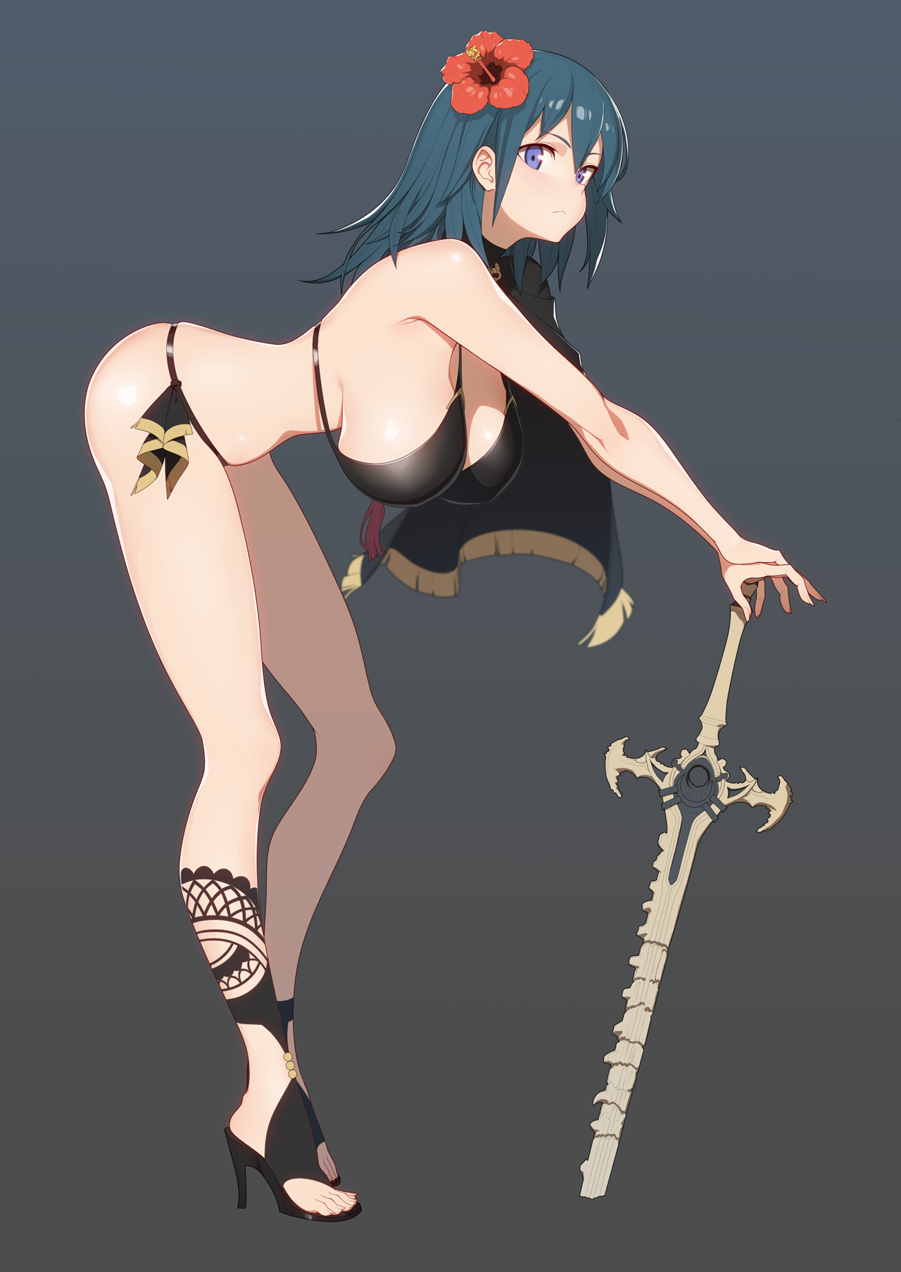 1girls, alternate costume, ass, bare arms, bare legs, bent over, bikini, black bikini, black footwear, blue hair, blush, breasts, byleth (fire emblem), byleth (fire emblem) (female), cape, commentary, english commentary, female, fire emblem, fire emblem heroes, fire emblem: three houses, flower, full body, halterneck, hanging breasts, hibiscus, high heels, highres, large breasts, legs, looking at viewer, medium hair, mixed-language commentary, neonveov, nintendo, official alternate costume, open toe shoes, purple eyes, sandals, shiny, shiny hair, shiny skin, side-tie bikini, sideboob, simple background, solo, standing, swimsuit, sword, sword of the creator, toes, weapon