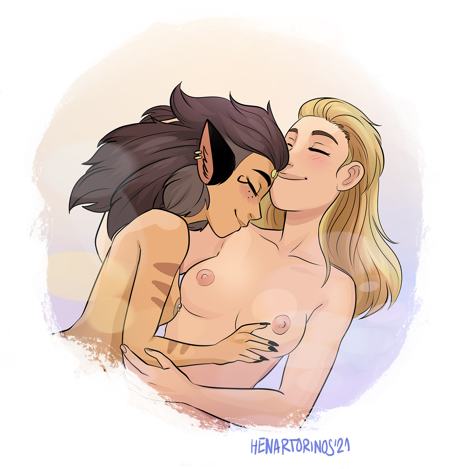 2girls, adora, animal ears, artist name, blonde female, blonde hair, blush, breasts, brown hair, canon couple, cat ears, cat girl, catgirl, catra, couple, ear piercing, earrings, female, female focus, female only, female/female, happy, henartorinos, hi res, hug, lesbian, long hair, love, lovers, masters of the universe, medium breasts, nipple piercing, nipples, nude, nude female, piercing, romantic, she-ra and the princesses of power, sleeping, small breasts, smile, smooth skin, source request, watermark, wholesome, yuri
