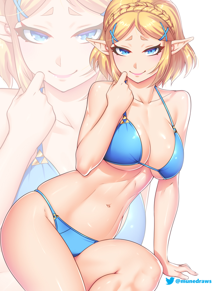1girls, alternate costume, alternate eye color, big breasts, bikini, blonde hair, blue bikini, blue eyes, blush, braid, breasts, cleavage, crown braid, elf, etchimune, female, female only, halterneck, hand up, large breasts, looking at viewer, navel, nintendo, pointy ears, princess zelda, short hair, simple background, sitting, smile, solo, stomach, string bikini, swimsuit, tears of the kingdom, the legend of zelda, thighs, white background, zelda (tears of the kingdom), zoom layer