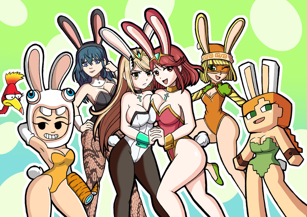 7girls alex_(minecraft) alternate_costume arms_(game) asymmetrical_docking banjo-kazooie blonde_hair blue_hair bob_cut breast_press breasts bunny_ears bunny_girl bunny_tail bunnysuit busty byleth_(fire_emblem) byleth_(fire_emblem)_(female) cleavage crossover cube_head cubic_body cubic_breasts female female_only fire_emblem fire_emblem:_three_houses frown kazooie leggings light-skinned_female light_skin looking_at_viewer mii mii_fighter_costume mii_gunner mii_gunner_(smash_ultimate) min_min_(arms) minecraft mob_face multiple_girls mythra nintendo open_mouth orange_hair pedrocorreia pyra red_hair smile square_head super_smash_bros. super_smash_bros._ultimate teal_hair voluptuous wrist_cuffs xenoblade_(series) xenoblade_chronicles_2