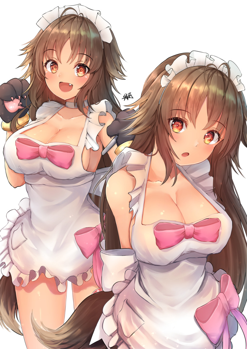 amber eyes, big breasts, bow, breasts, brown hair, cute, dark skin, female, housewife, kaori (princess connect!), large breasts, maid, naked apron, orange eyes, princess connect!, princess connect! re:dive, stepfordization