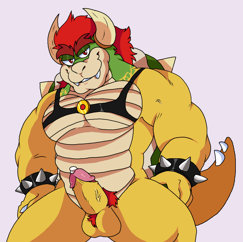 2021 anthro balls bara bowser erection genitals humanoid_genitalia humanoid_penis koopa lewdookami male male_only mario_(series) muscular muscular_male nintendo penis scalie solo video_games