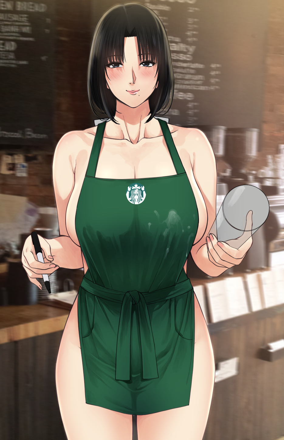 1girls, apron, apron only, barista, big breasts, black hair, blush, breasts, casual, cleavage, collarbone, female, female only, green apron, highres, human, iced latte with breast milk, lactation, large breasts, long hair, mature female, meme, milk, naked apron, original, outerwear, pale skin, public, solo, starbucks, xtermination