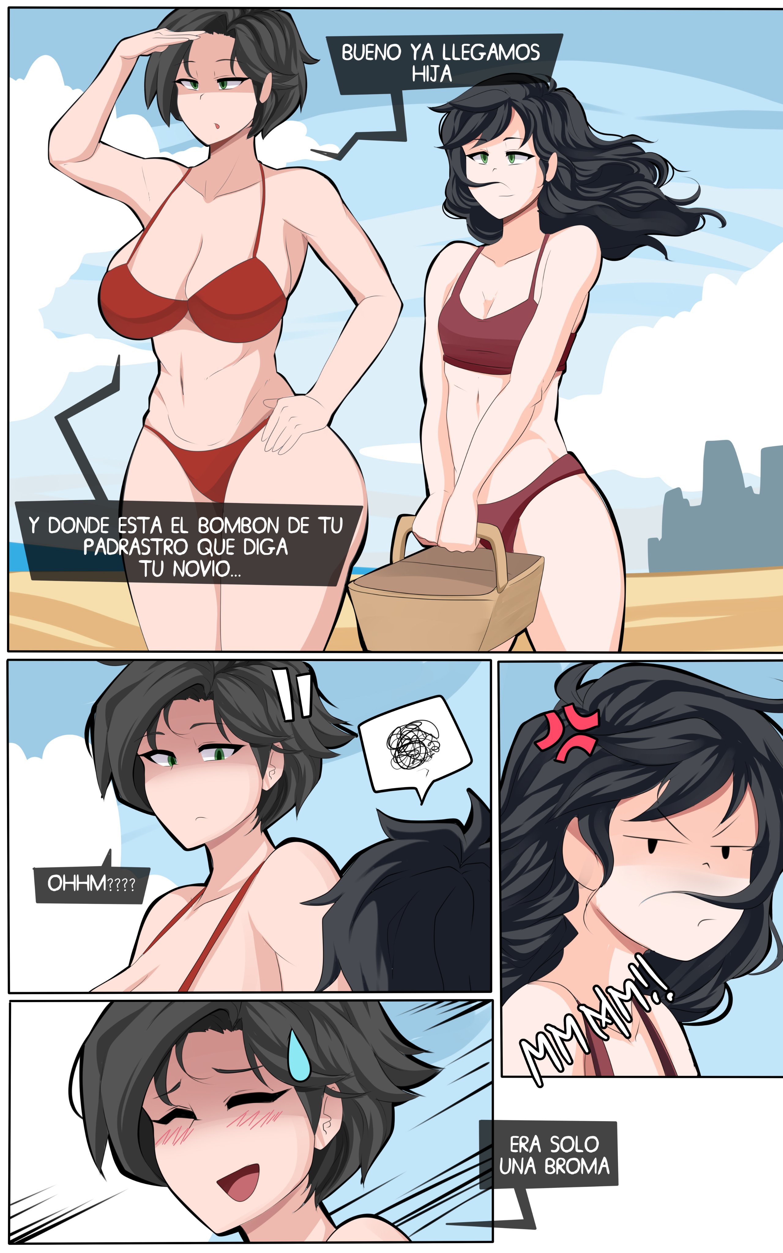 2girls, alessandra (comicomryu), anger cloud, angry, angry face, beach, big breasts, bikini, black hair, breasts, cleavage, comicomryu, female, female only, implied netorare, large breasts, linda (comicomryu), long hair, mother and daughter, original, original characters, ryumxr, short hair, spanish text, text, text bubble