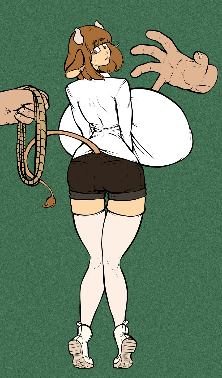 bangs, big breasts, big nipples, bob cut, boots, breasts, breasts bigger than ass, brown eyes, brown fur, brown hair, cow girl, disturbedmonkey, female, fonkimonki, gigantic areola, gigantic breasts, hazel eyes, horn, horns, huge breasts, hyper, hyper breasts, hyper genitalia, kemonomimi, large breasts, liza (disturbedmonkey), liza (fonkimonki), minishorts, rope, shirt, standing, surprise, surprised, surprised expression, thighhighs, thin waist