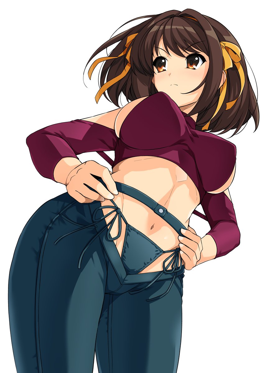 breasts, clothing, female, haruhisky, horny, medium breasts, panties, suzumiya haruhi, suzumiya haruhi no yuuutsu, tagme, white background