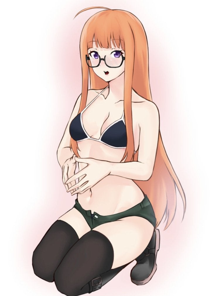 1girls, atlus, bikini, bikini top, booty shorts, breasts, clothed, clothing, female, female only, glasses, human, kneeling, light skin, light-skinned female, long hair, megami tensei, mostly nude, orange hair, pale skin, persona, persona 5, persona 5 royal, purple eyes, renefu, sakura futaba, shorts, solo