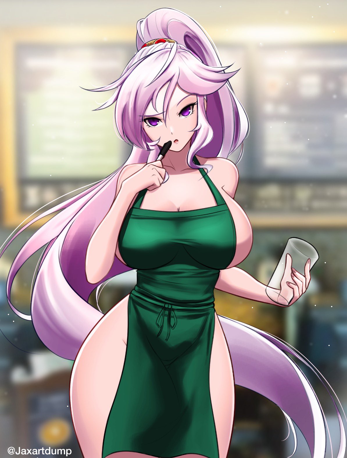 apron bare_thighs breasts confusion fire_emblem fire_emblem:_genealogy_of_the_holy_war holding_cup holding_object holding_pen hourglass_figure huge_breasts iced_latte_with_breast_milk indoors ishtar_(fire_emblem) jaxartdump long_hair looking_at_viewer meme naked_apron nintendo pen ponytail purple_eyes purple_hair raised_eyebrow sideboob thighs very_long_hair