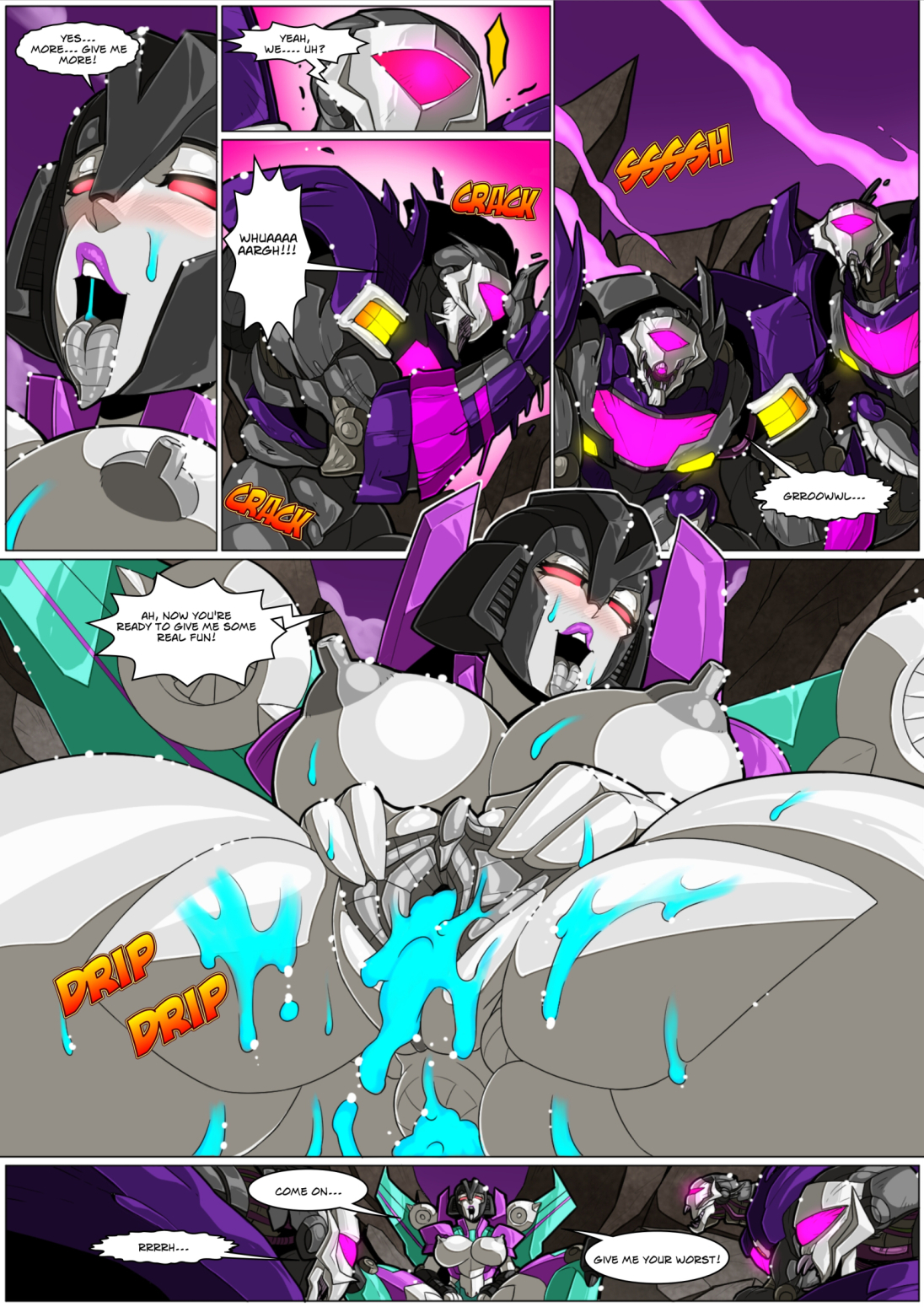 1girls, 4boys, after sex, alien, alien girl, breasts, comic, corruption, decepticon, female, female focus, functionally nude, functionally nude female, gangbang, humanoid genitalia, imminent sex, mad-project, male, mostly nude, multiple boys, multiple males, panting, pleasure face, purple eyes, pussy, red eyes, slipstream, text, transformers, transformers animated, transformers prime, vehicon