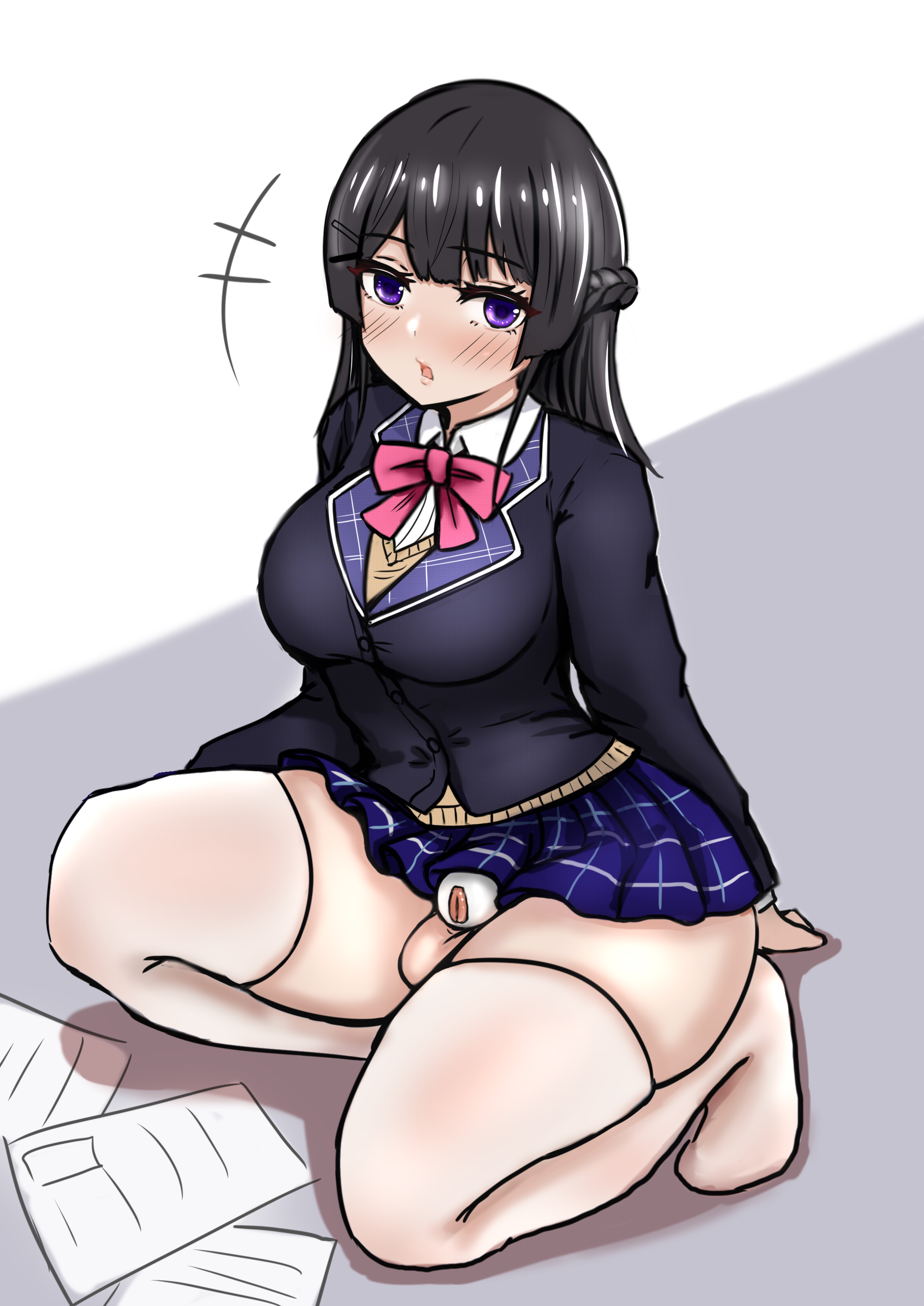101tuyu, 1futa, balls, big balls, big breasts, breasts, chastity, chastity cage, chastity device, clothed, clothing, futa only, futanari, human, intersex, large breasts, light skin, light-skinned futa, looking at viewer, mostly clothed, nijisanji, pale skin, penis, school uniform, sitting, skirt, small penis, solo, squatting, stockings, thick thighs, thighhighs, thighs, tsukino mito, upskirt, virtual youtuber
