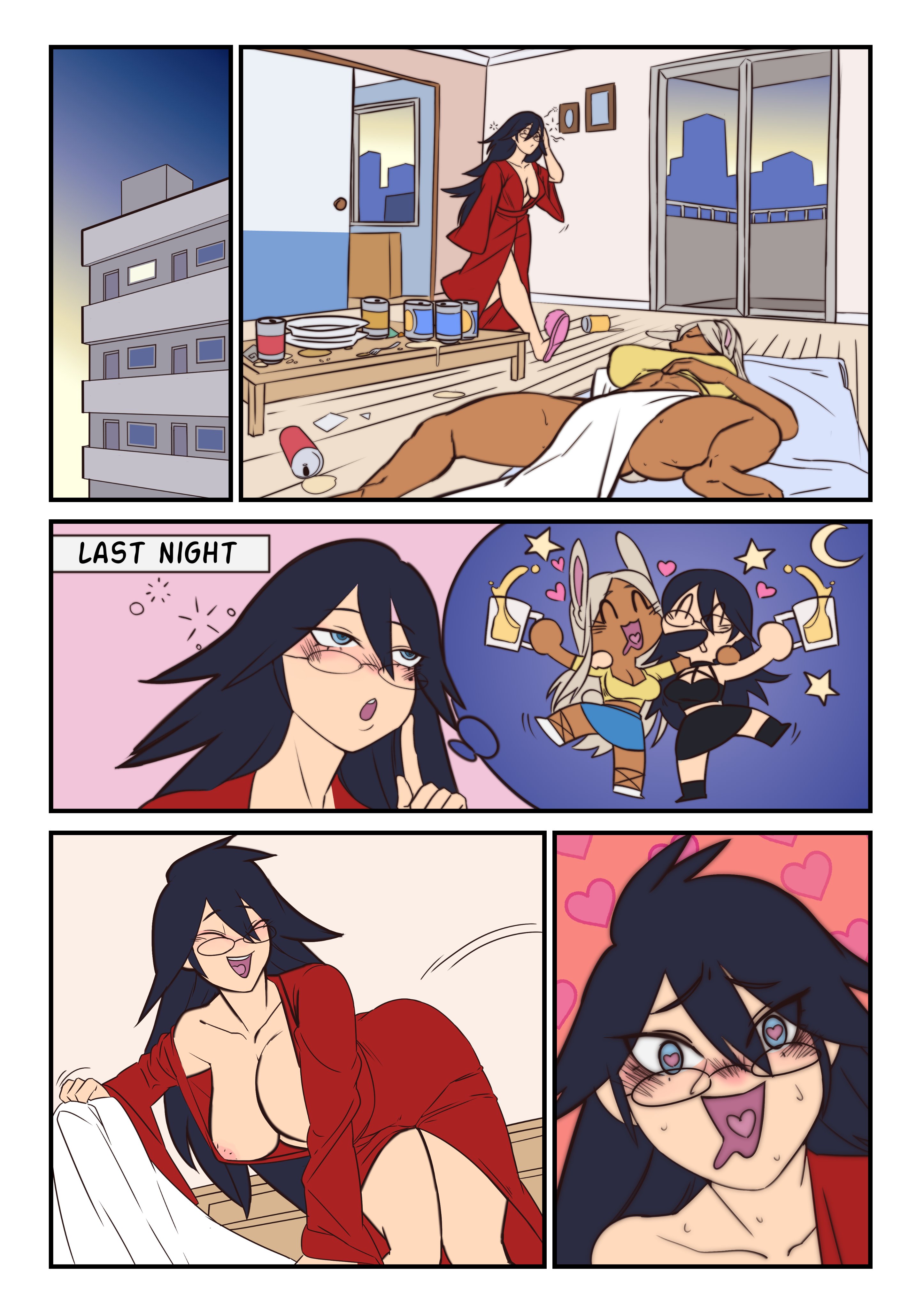 1futa, 1girls, alcohol, beer, beer can, beer glass, beer mug, big breasts, breasts, clothed, clothing, dark skin, dark-skinned futa, drunk, duo, female, futanari, glasses, heart-shaped pupils, human, intersex, light skin, light-skinned female, midnight (my hero academia), miruko, morning, my hero academia, nemuri kayama, pale skin, partially clothed, penis, rumi usagiyama, sleeping, syzygystagy