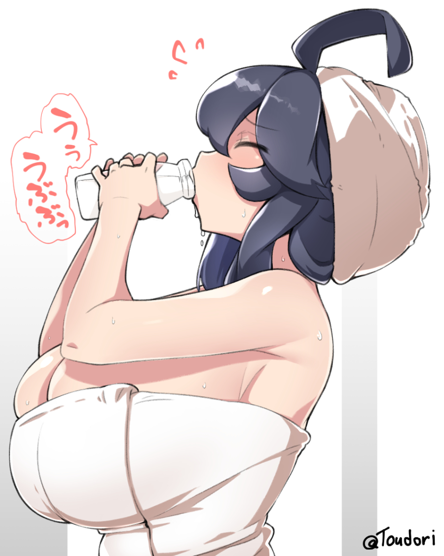 1girls 2021 after_bath ahoge armpits arms_up artist_name black_hair breasts bursting_breasts cleavage closed_eyes drinking drinking_milk eyebrows_visible_through_hair eyes_visible_through_hair female female_only flying_sweatdrops hex_maniac highres holding_bottle huge_breasts milk milk_bottle milk_drip nintendo pokemon pokemon_xy side_view sideboob signature solo speech_bubble sweat sweatdrop text toudori towel towel_around_waist towel_on_head twitter_username water wet