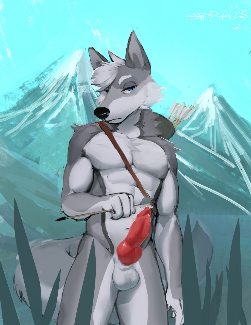 abs animal_genitalia animal_penis anthro arrow athletic athletic_male balls blue_eyes canid canine canine_penis canis fur genitals grey_body grey_fur hi_res holding_object holding_weapon hunter knot looking_at_viewer male mammal mountain muscular muscular_male penis quiver rye_(ryew0lf) sky solo straus vein veiny_penis weapon wolf