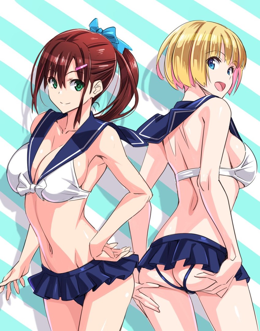 2girls ass breasts chinatsu_nanami_(pinvise) cleavage female female_only hijiri_muroya_(pinvise) midriff original_characters pinvise ponytail ribbon school_uniform skimpy skimpy_clothes suzutsuki_kurara