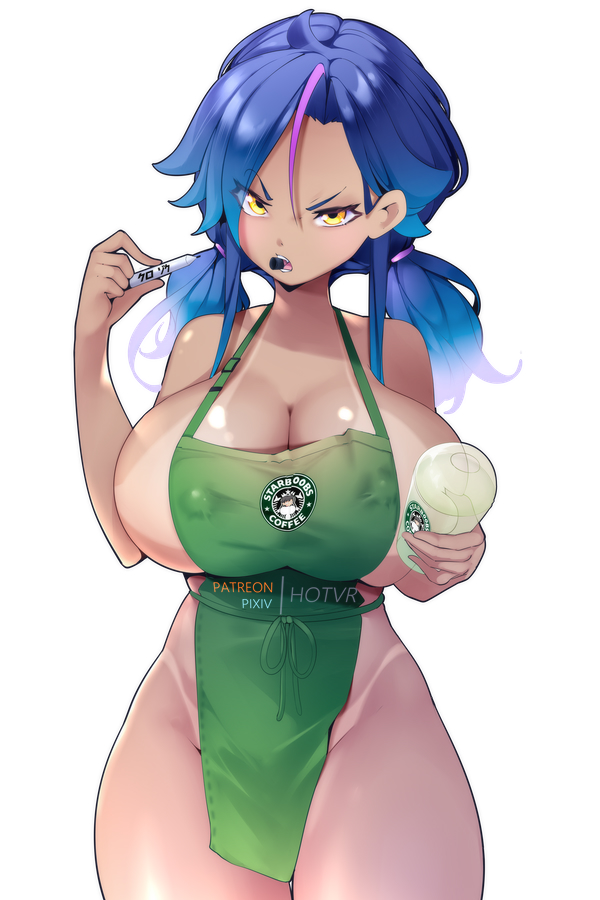 1girls, apron, barista, blue hair, breasts, cleavage, covered nipples, female, female focus, female only, hotvr, huge breasts, iced latte with breast milk, looking at viewer, meme, multicolored hair, naked apron, nipple bulge, no bra, no panties, sideboob, solo, standing, tan skin, tanline, tanlines, thick thighs, twintails, voluptuous, white background, zoey (hot vr)