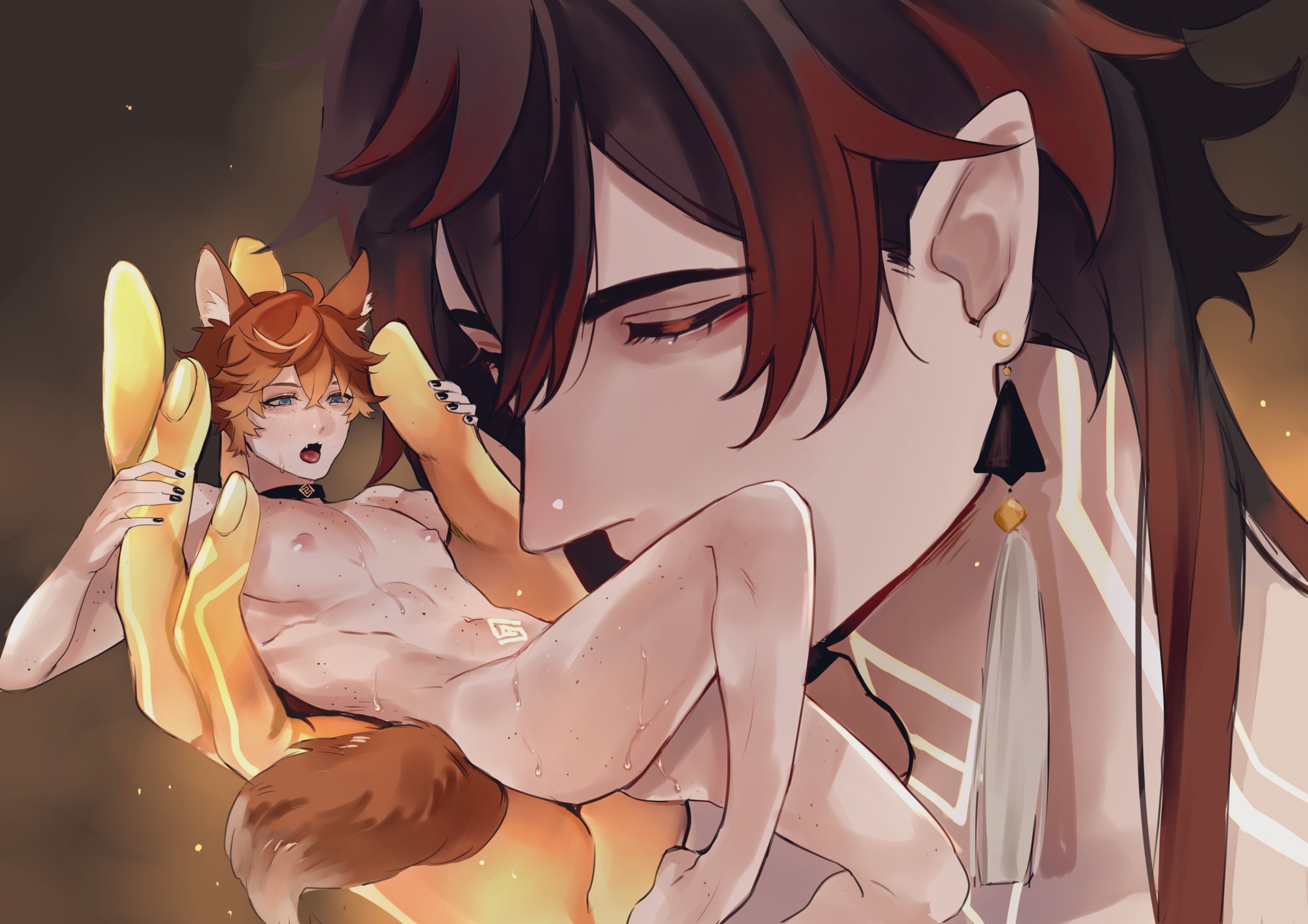 2boys, blue eyes, brown hair, childe (genshin impact), choker, fox boy, fox ears, fox tail, gay, genshin impact, giant, giant male, ginger, kitsunemimi, macro, macro male, macro/micro, macrophilia, male, male only, markings, micro, micro male, micro on macro, microphilia, orange hair, size difference, sushisalmon95, tartaglia (genshin impact), tiny male, yaoi, zhongli (genshin impact)